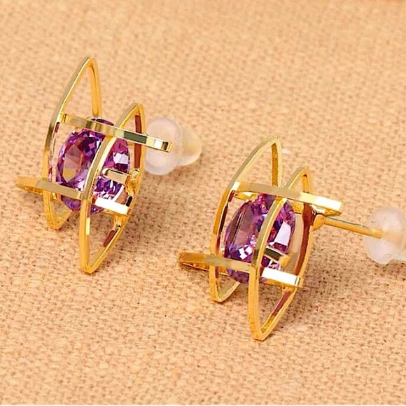Gold Caged Amethyst 3D Stud Minimalist Earrings - Picture 2 of 4